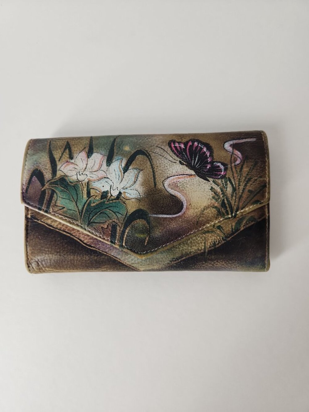 Brit Rosen Hand Painted Leather Wallet Butterfly Flowers art vintage